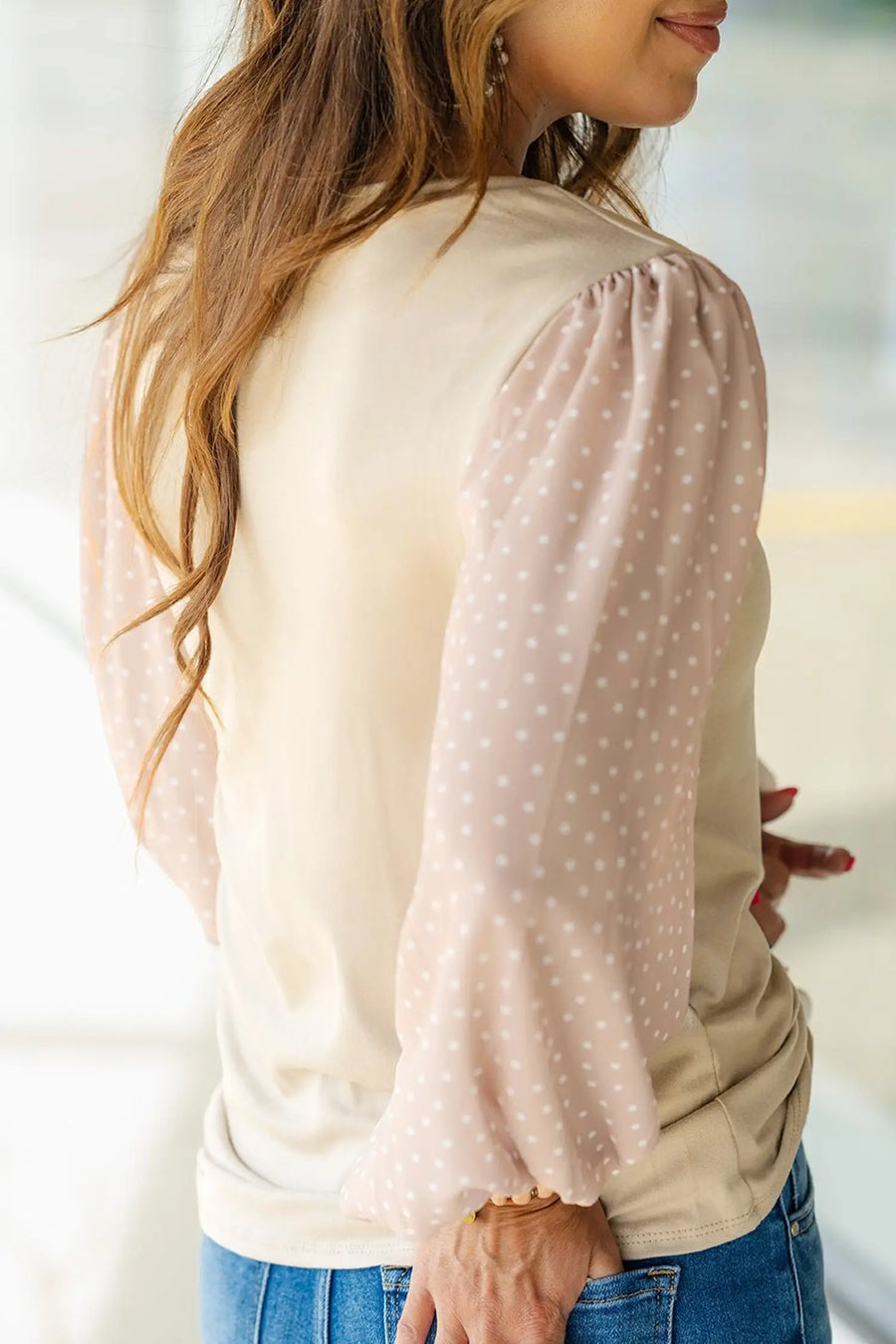 Parchment Polka Dot Long Sleeve Round Neck Plus Size Blouse Women UK