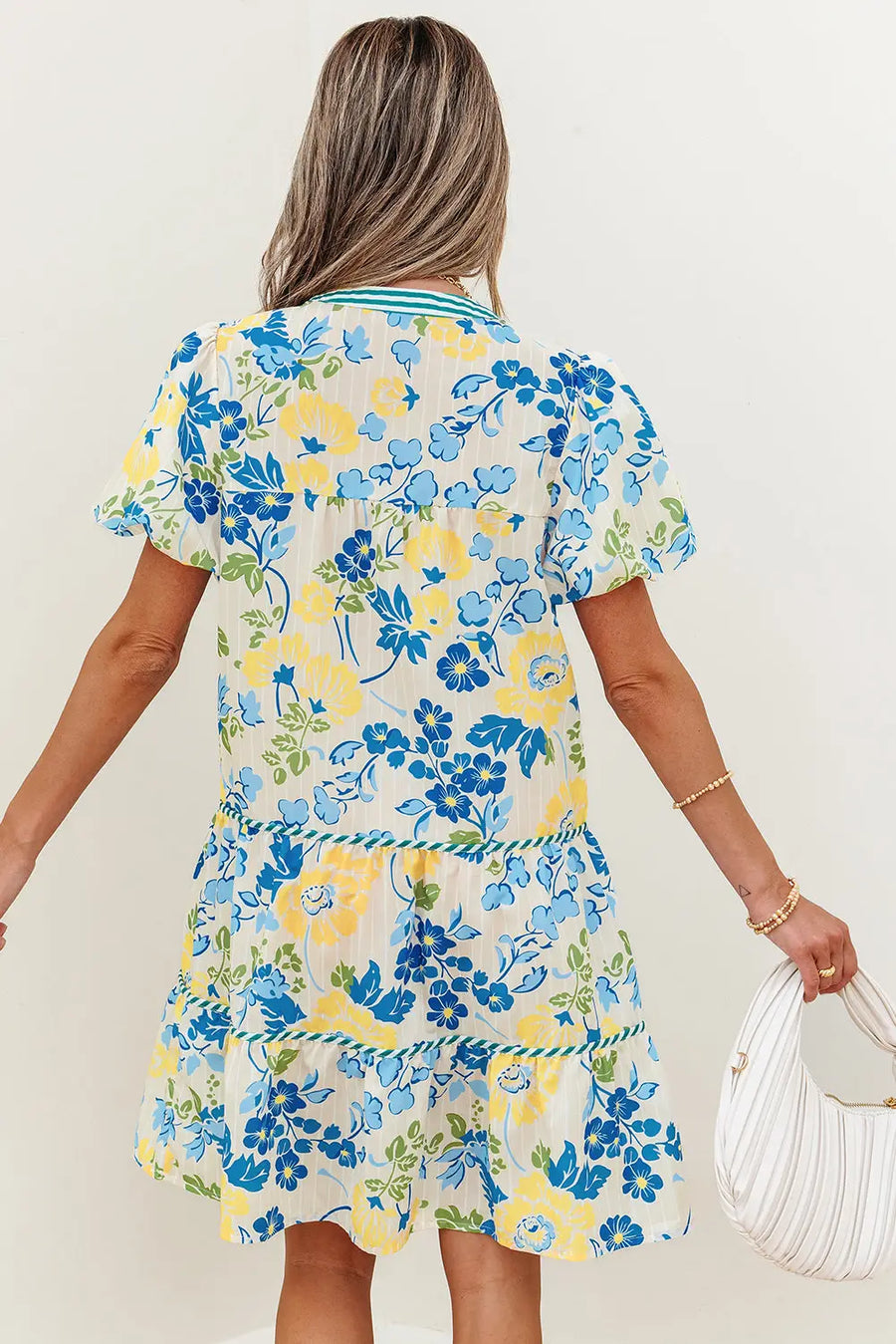 Blue Floral Striped Trim Puff Short Sleeve Dress Women UK