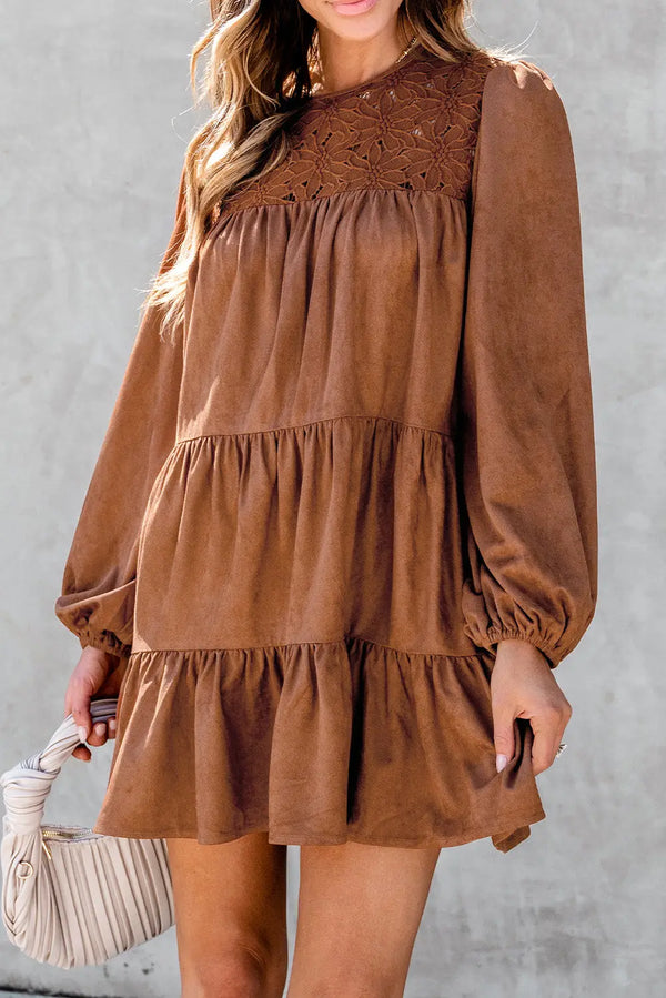 Chestnut Floral Lace Crochet Tiered Mini Dress Women UK
