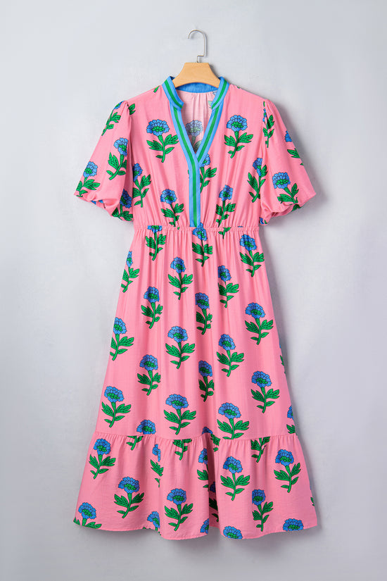 Plus Size Floral Striped V-Neck Puff Sleeve Ruffle Tiered Maxi Dress