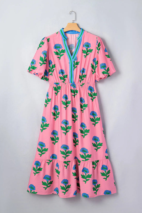 Plus size floral striped v-neck puff sleeve ruffle tiered maxi dress dresses
