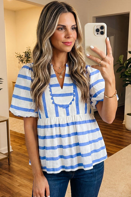 Striped Split V-Neck Puff Sleeve Scalloped Trim Blouse