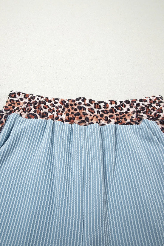 Leopard trim twist ribbed short set two piece outfit sets