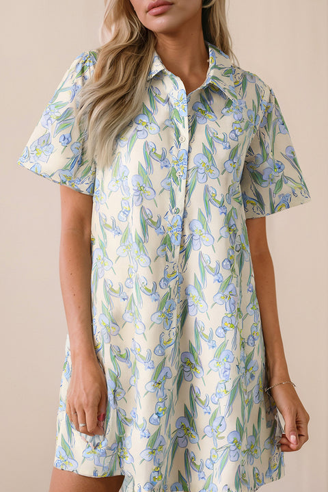 Green floral shirt collar buttoned short sleeve shift dress women UK front