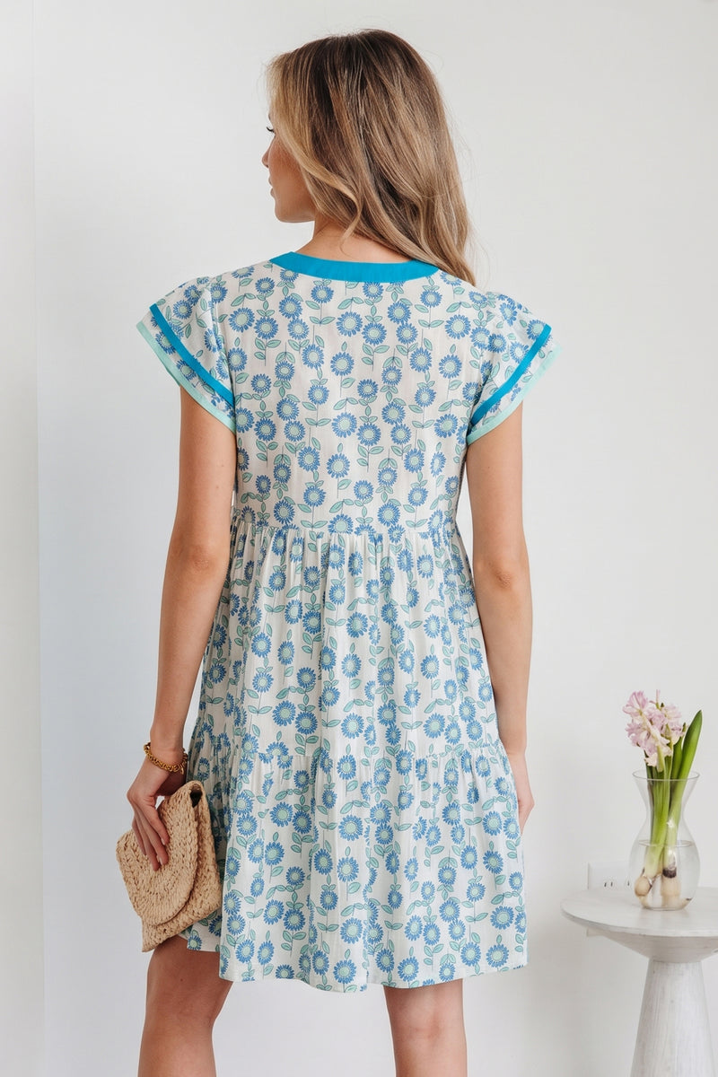 Sky Blue Floral Contrast Trim Flutter Sleeve Mini Dress Women UK