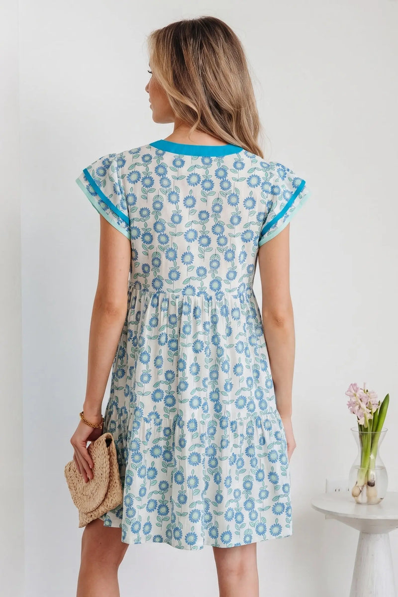 Sky Blue Floral Contrast Trim Flutter Sleeve Mini Dress Women UK
