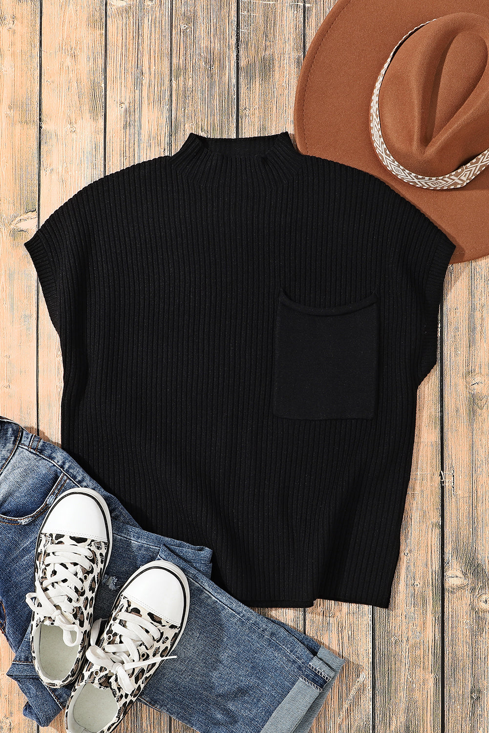 Ribbed Knit Short Sleeve Sweater -  Patch Pocket