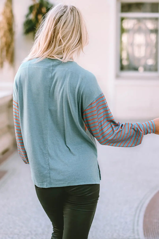 Side view of colour block bishop sleeve top showing voluminous sleeve silhouette Fashionfitz UK