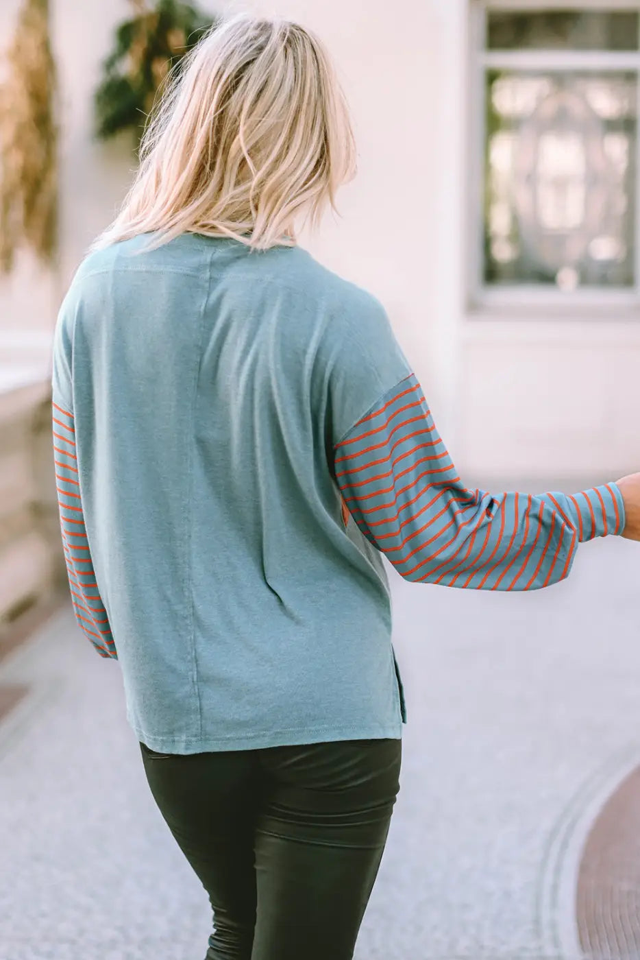 Side view of colour block bishop sleeve top showing voluminous sleeve silhouette Fashionfitz UK