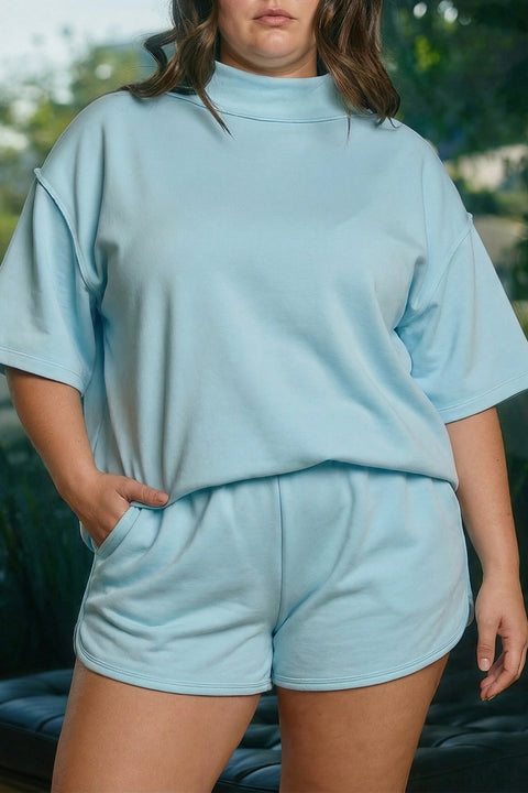 Mist blue plus size mock neck short set front view — Fashionfitz UK