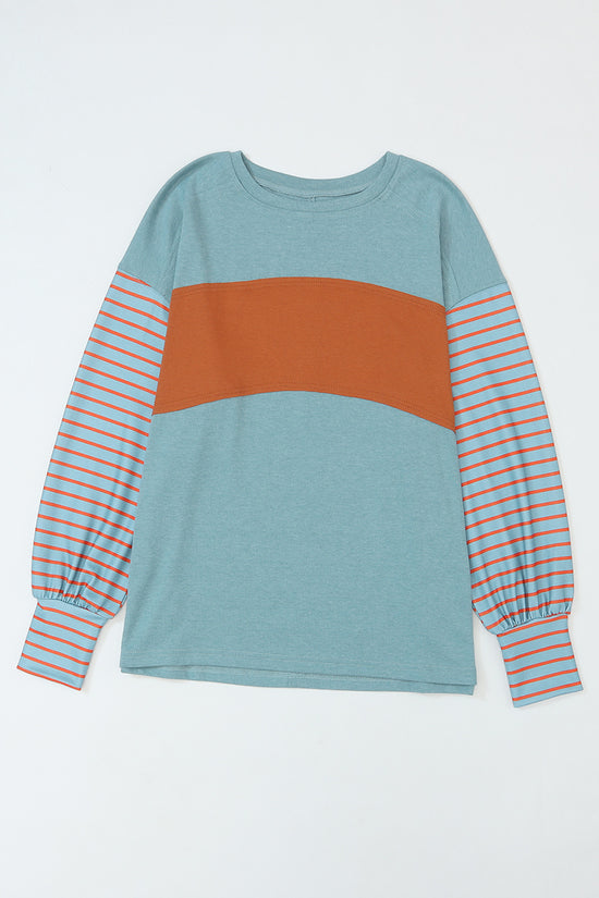 Green Colorblock Bishop Sleeve Top - Striped Casual Chic