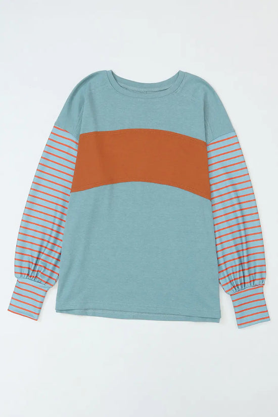 Green colorblock bishop sleeve top - striped casual chic