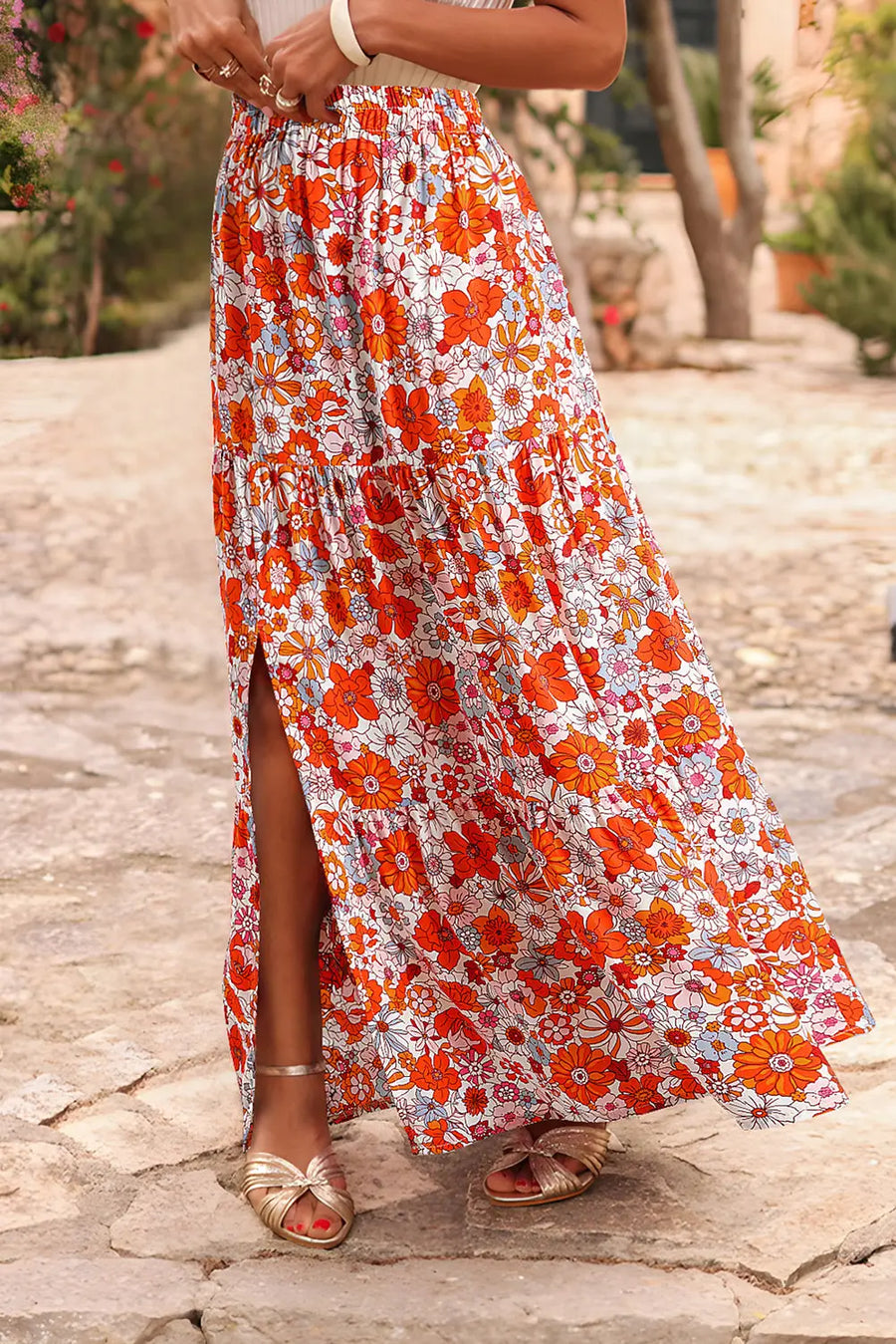 Bohemian Floral Print Tiered Maxi Skirt with Split — close-up detail | Fashionfitz UK