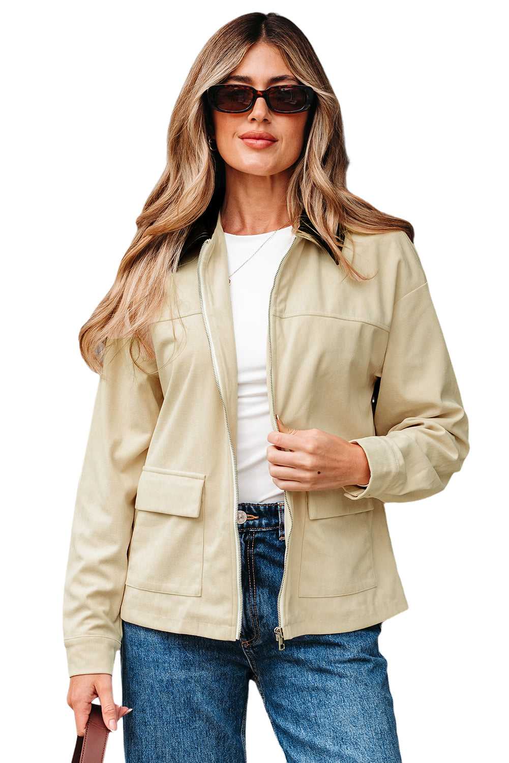 Isolated view of model in Leather Collar Corduroy Jacket, showcasing its beige corduroy fabric and black leather collar.