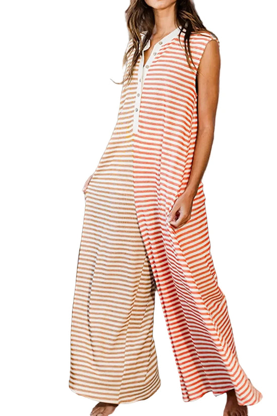Oversized Sleeveless Wide Leg Jumpsuit - Orange Stripe - Fashionfitz