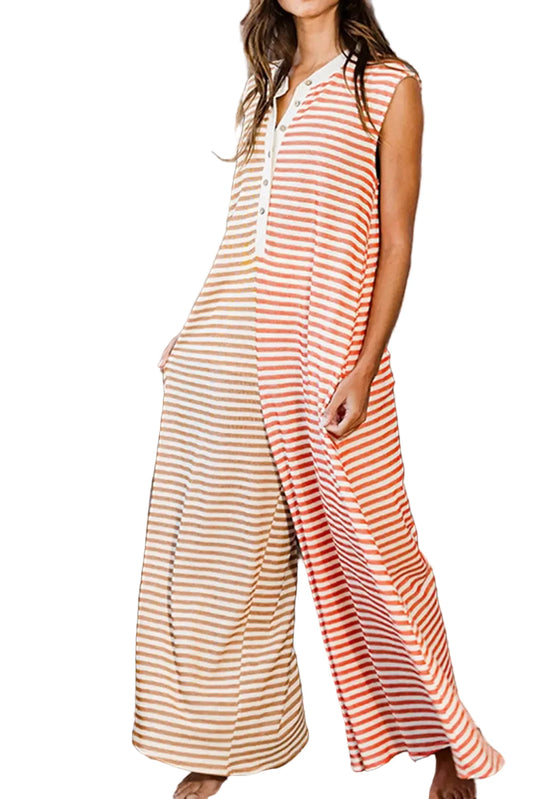Oversized Sleeveless Wide Leg Jumpsuit - Orange Stripe - Fashionfitz