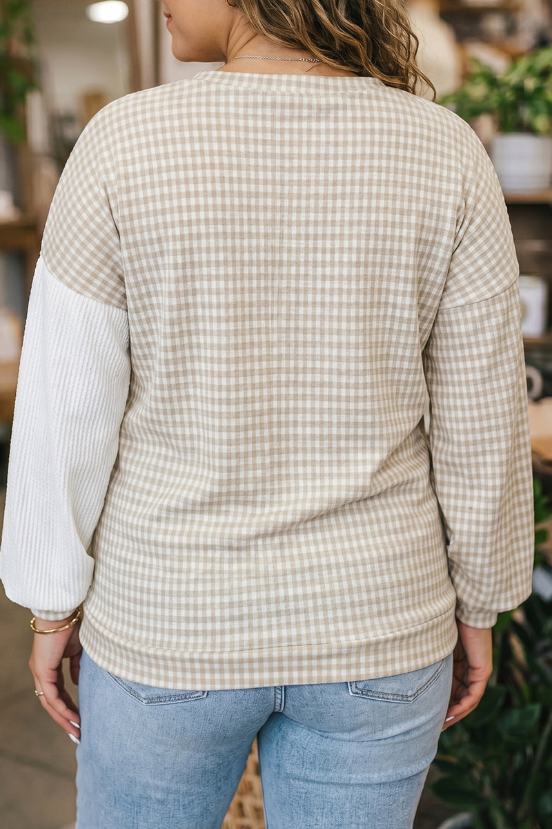 Back view of patchwork checkered long sleeve plus size blouse