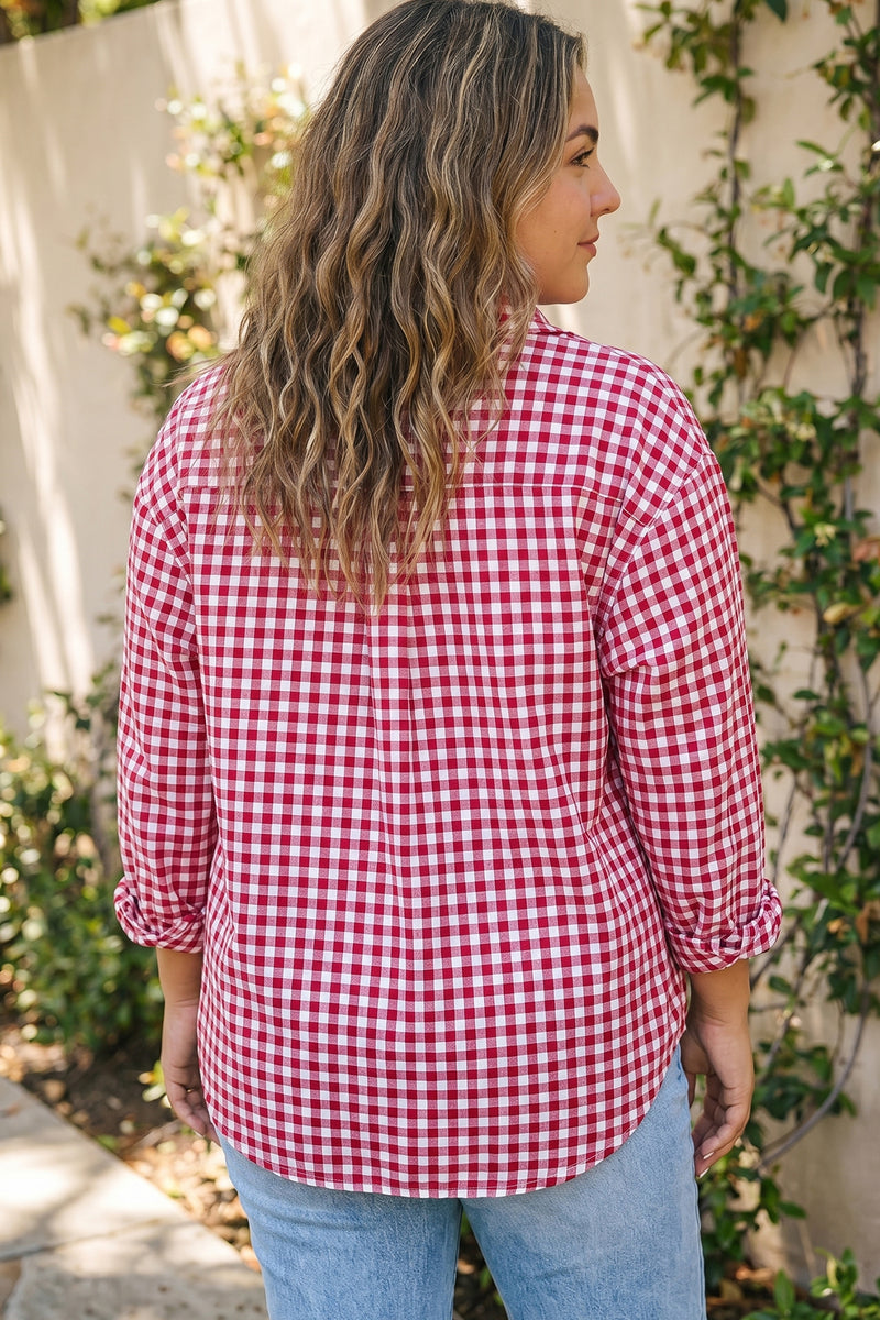 Red plaid plus size tunic shirt — side view showing tunic length and V-neck