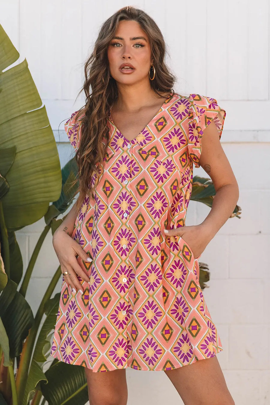 Orange Geometric Floral V Neck Buttoned Ruffled Mini Dress Women UK