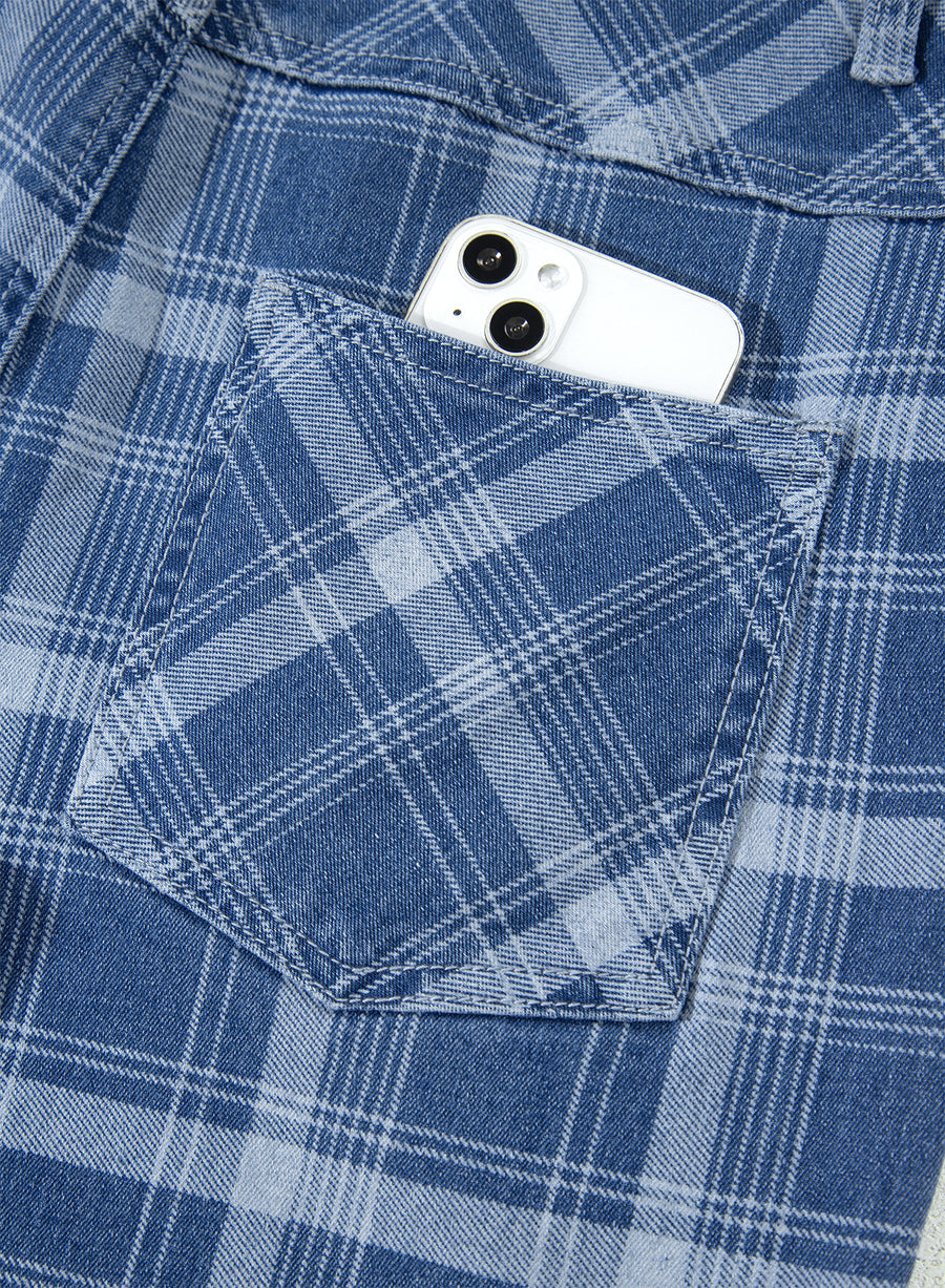 Plaid Denim Grommet Drawstring Waist Ankle-Length Jeans Women UK