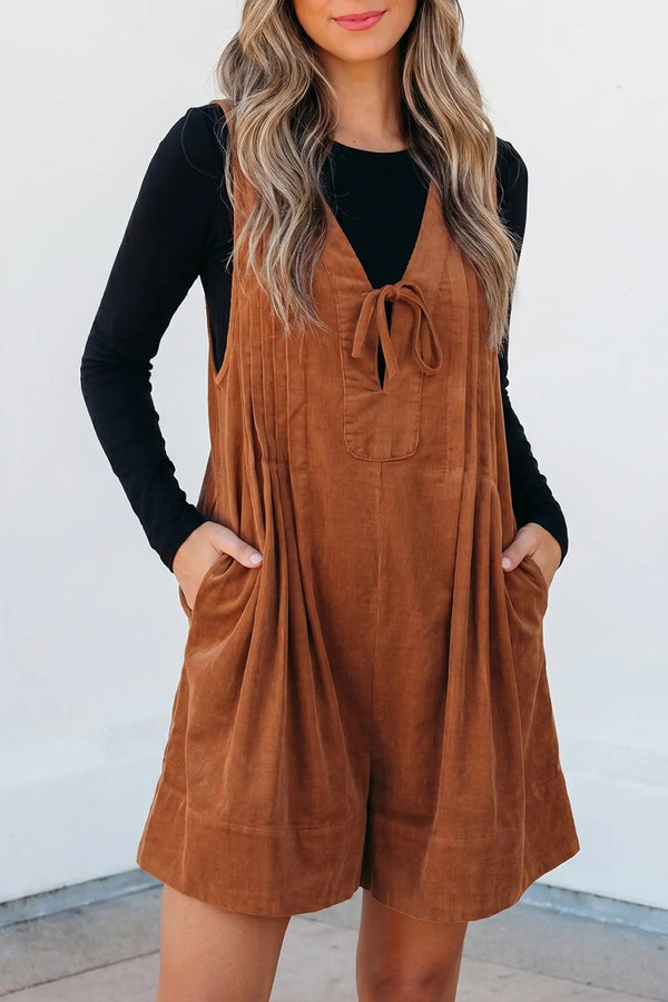 Cinnamon Corduroy Sleeveless Romper Tie V-Neck — front view | Fashionfitz UK