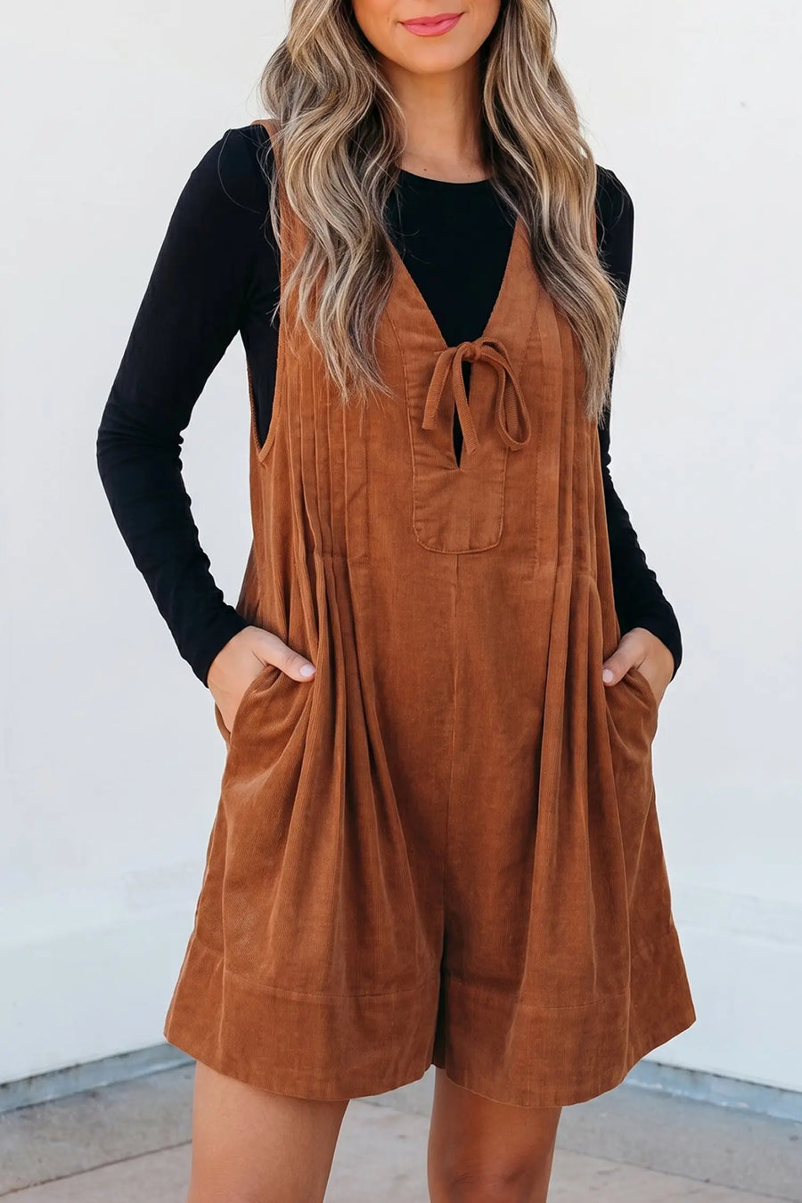 Cinnamon corduroy sleeveless romper tie V-neck front view — Fashionfitz UK