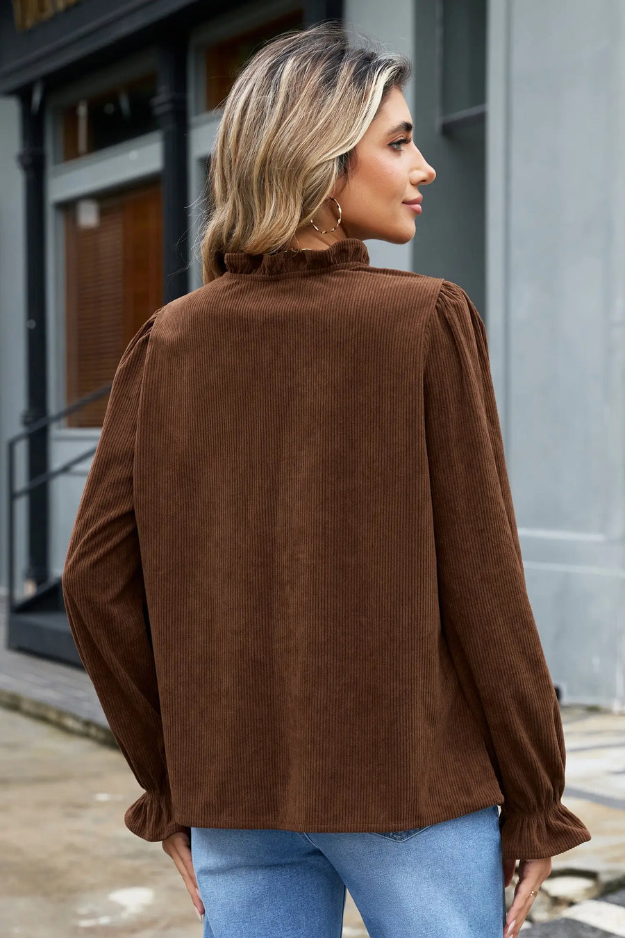 Ruffle Trim V-Neck Corduroy Shacket