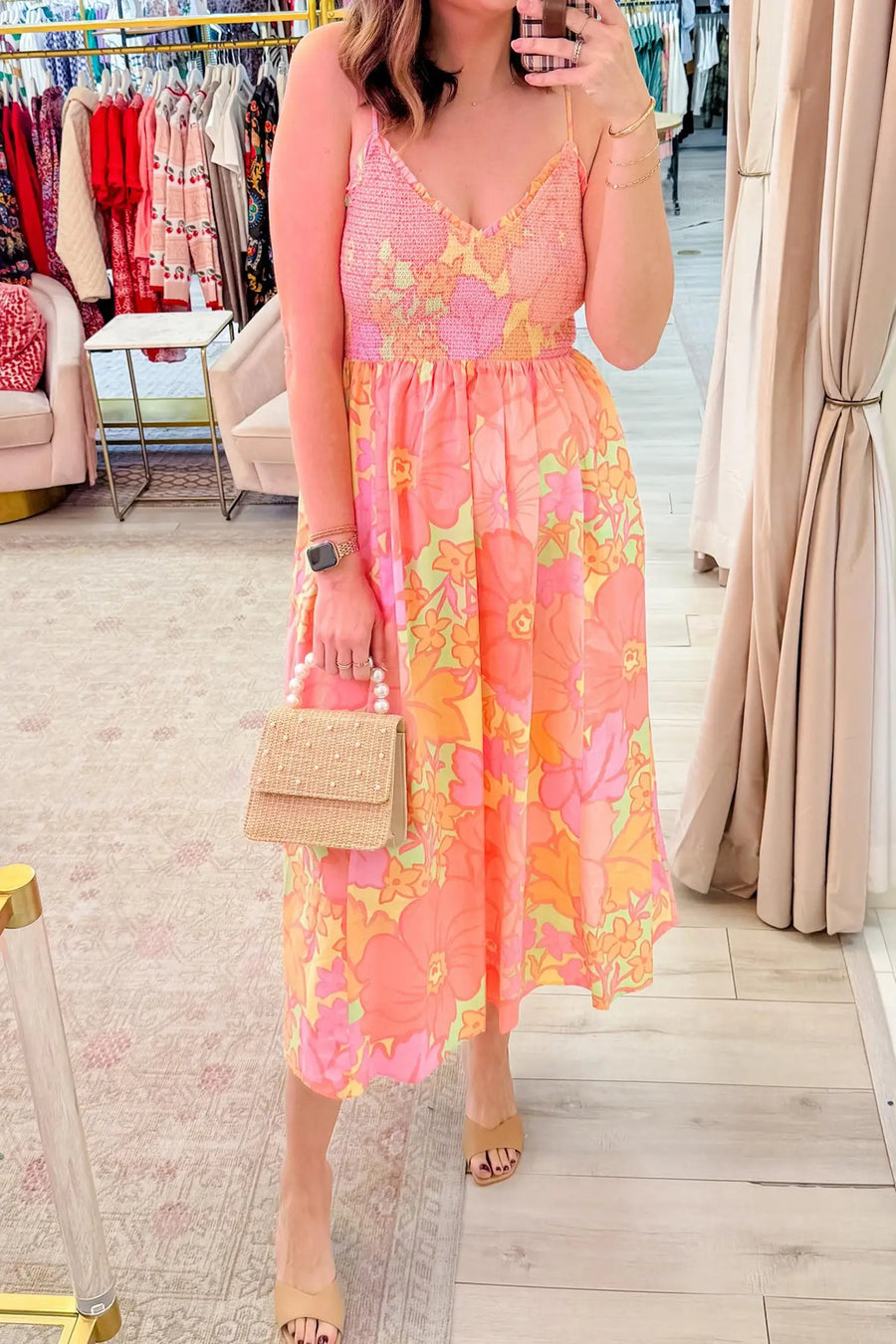 Pink Spaghetti Straps Floral Shirred High Waist Dress — close-up detail | Fashionfitz UK