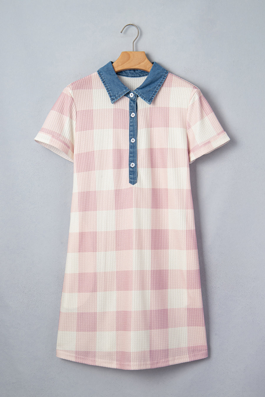 Waffle Plaid Denim Collar Buttoned Mini Dress Women UK