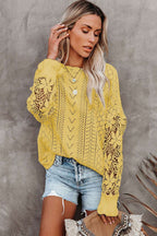 Model wearing Yellow Crochet Lace Pointelle Knit Sweater with layered necklaces, showcasing its feminine lace design and spring-ready style.
