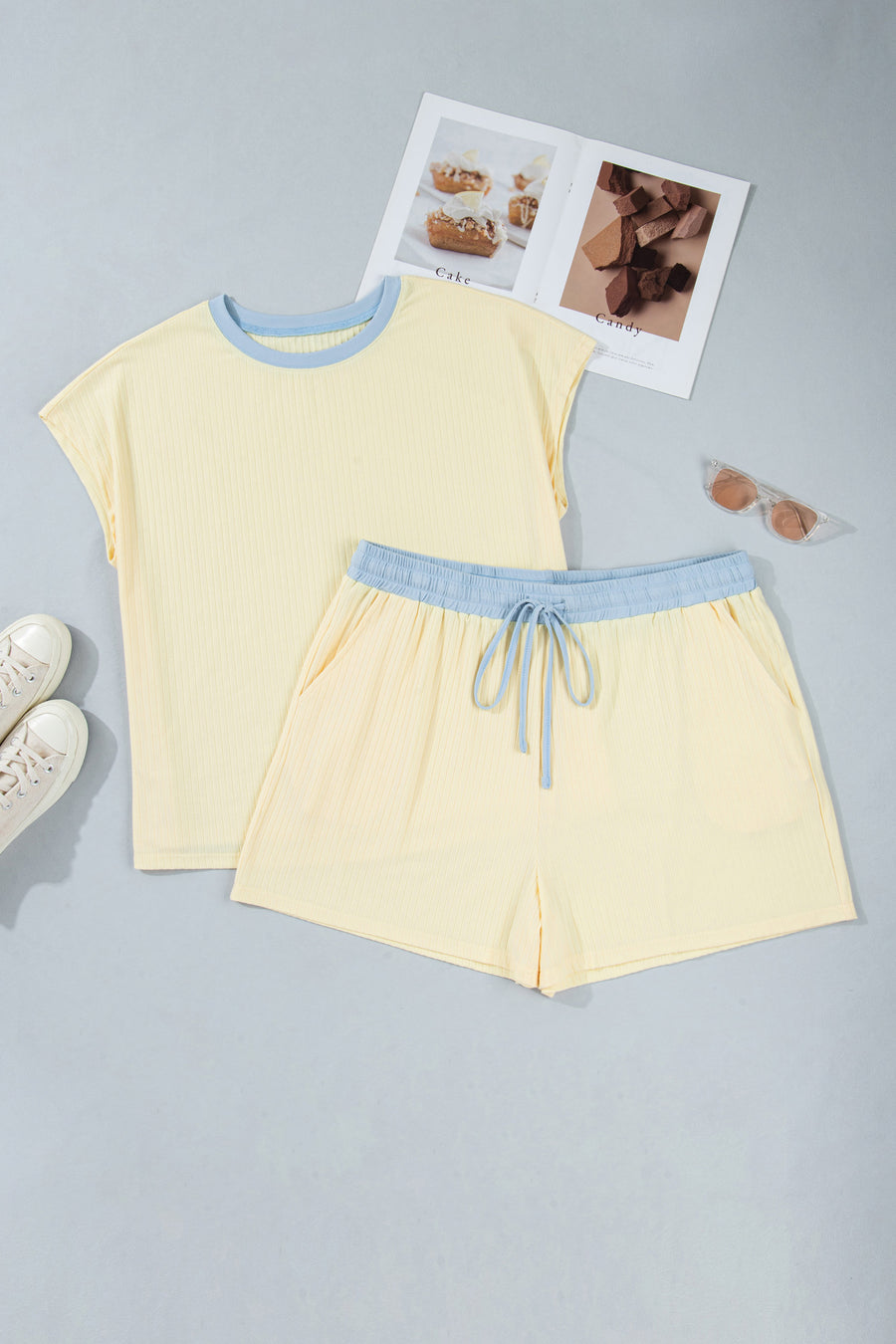 Plus size ribbed colorblock shorts set — back view