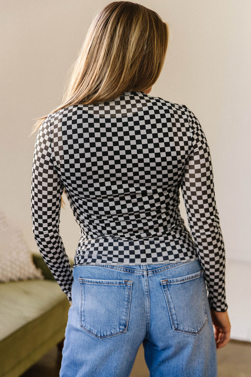 Plaid Stand Neck Long Sleeve Mesh Top Women UK