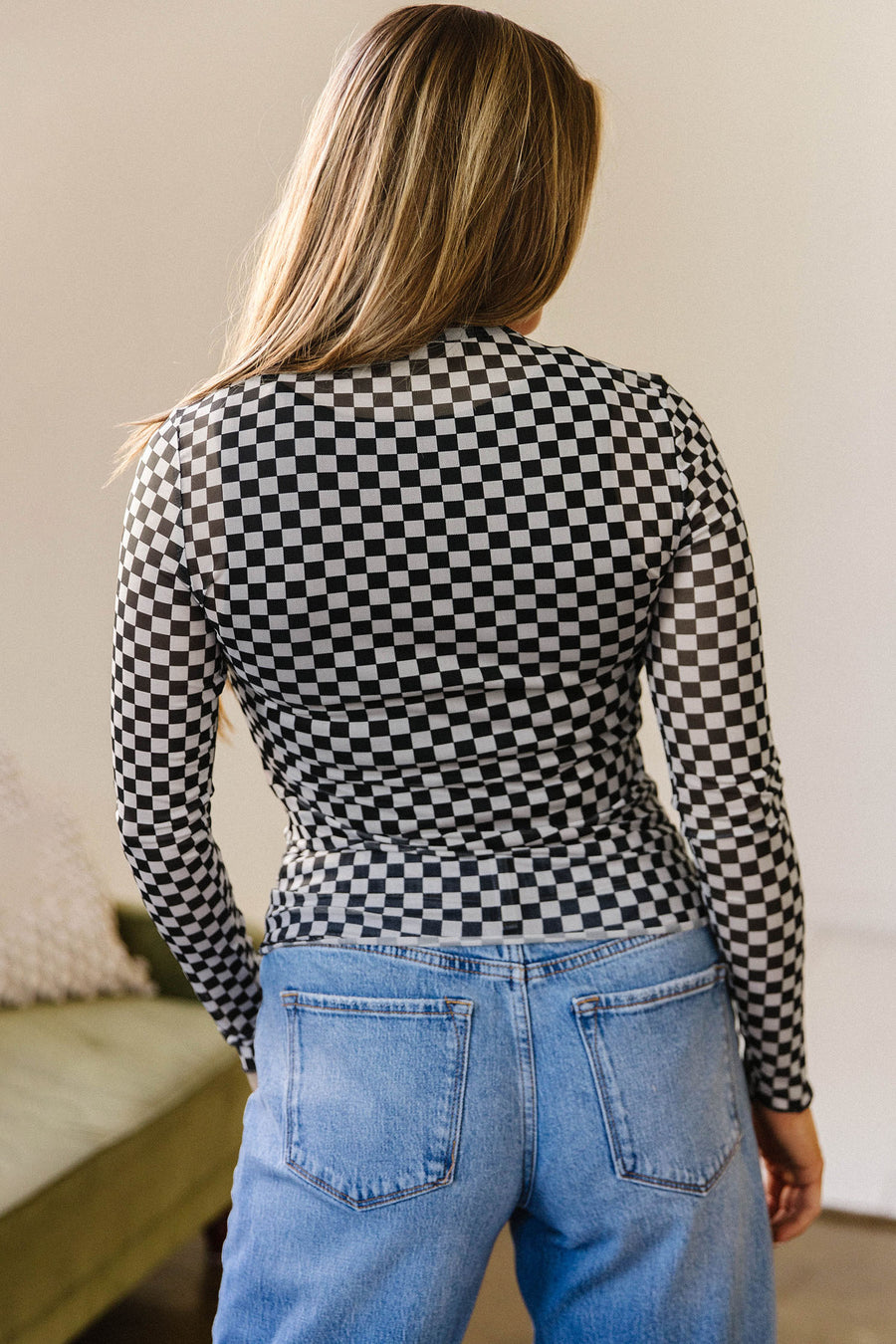 Plaid Stand Neck Long Sleeve Mesh Top Women UK