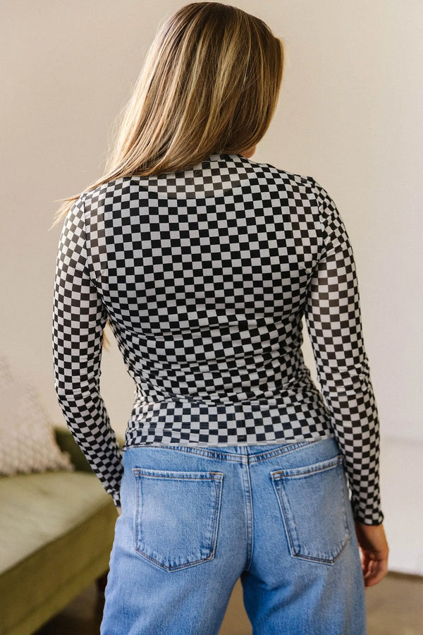 Plaid stand neck long sleeve mesh top back view — Fashionfitz UK