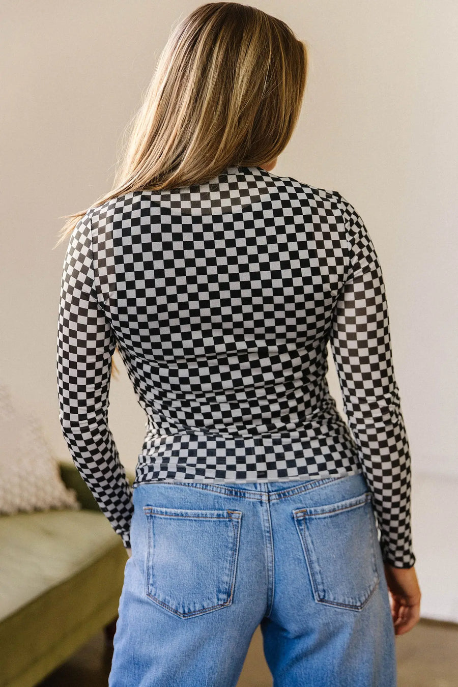 Plaid stand neck long sleeve mesh top back view — Fashionfitz UK