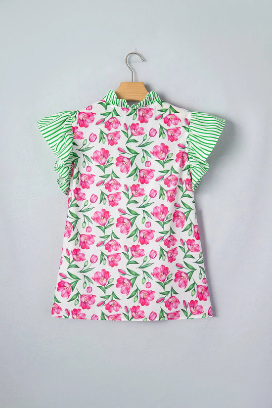 Multicolour sweet floral print striped ruffle trim v neck blouse blouses