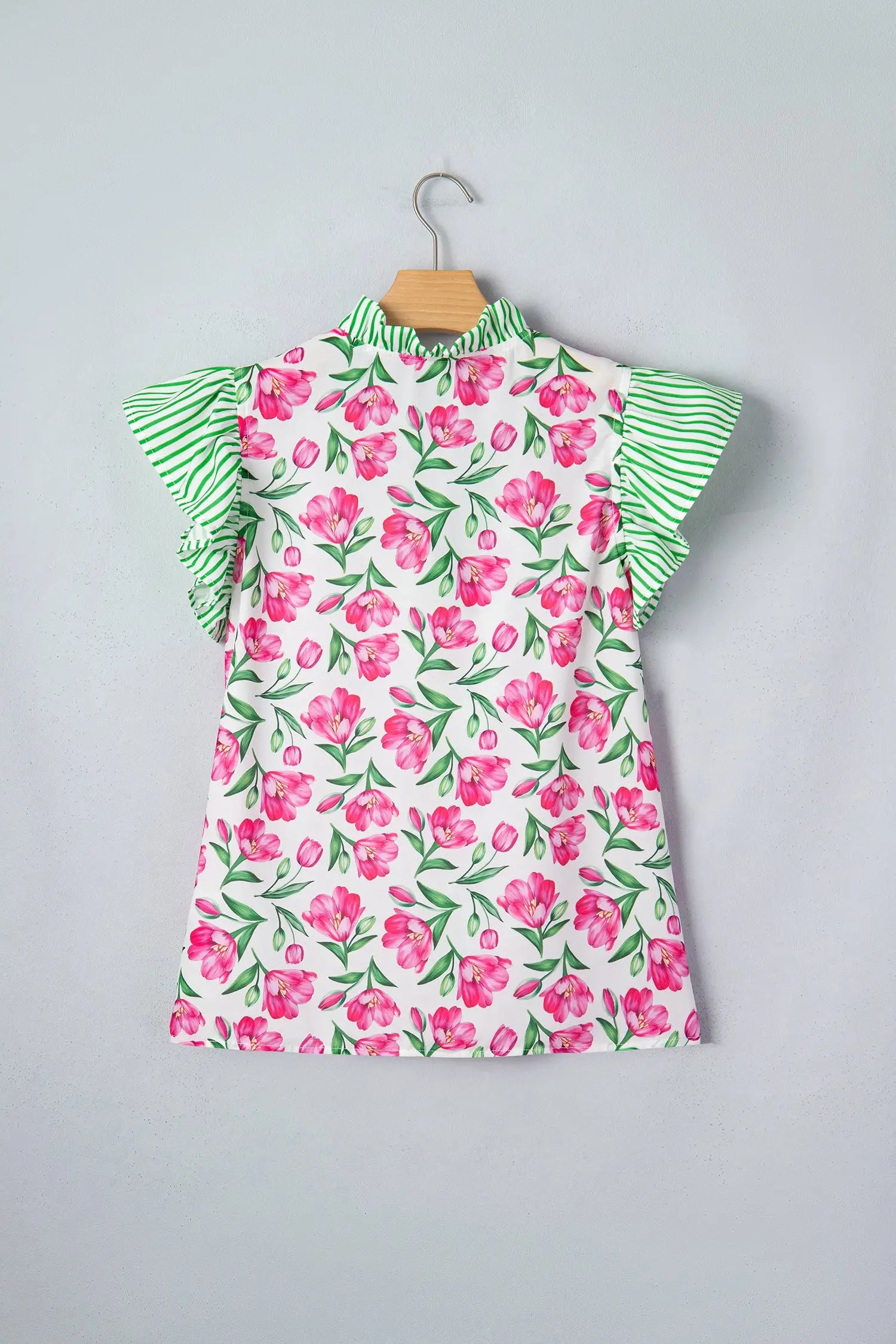 Multicolour sweet floral print striped ruffle trim v neck blouse blouses
