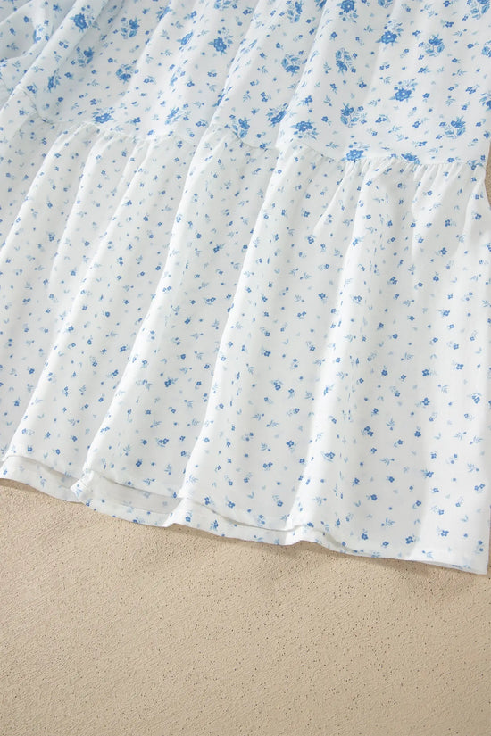 Sky blue tiered floral patchwork boho maxi skirt elastic waist ruffle hem skirts