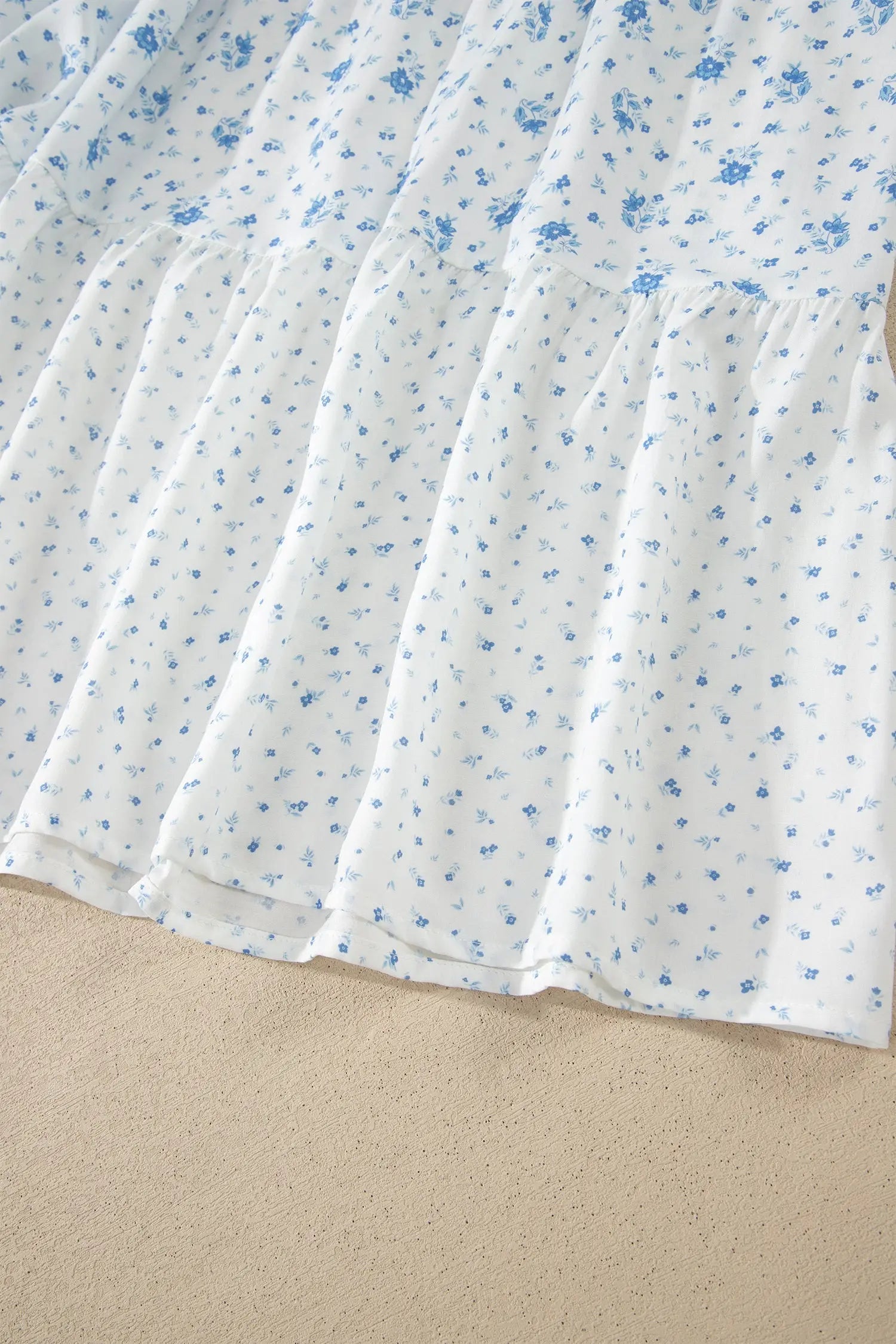 Sky blue tiered floral patchwork boho maxi skirt elastic waist ruffle hem skirts