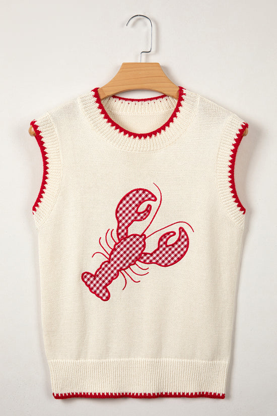 Plaid Crawfish Embroidery Crew Neck Knit Sweater Vest