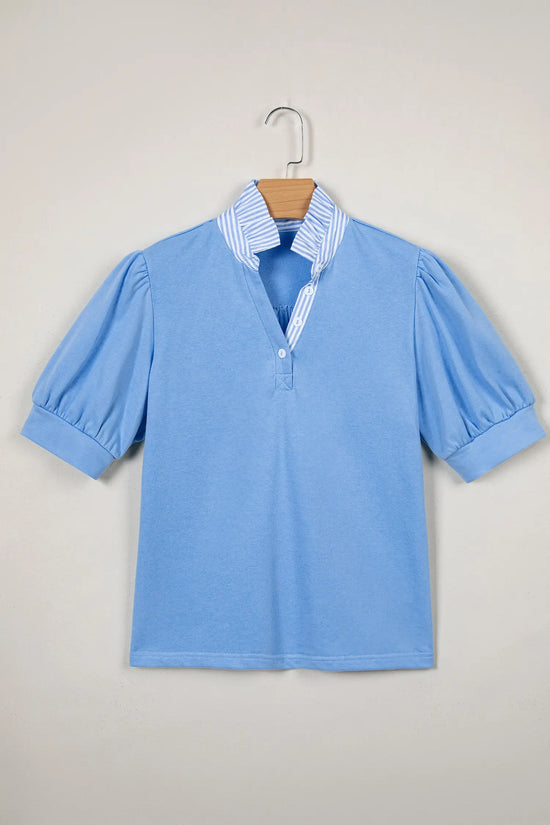 Striped frilled collar puff sleeve button front cotton blouse blouses