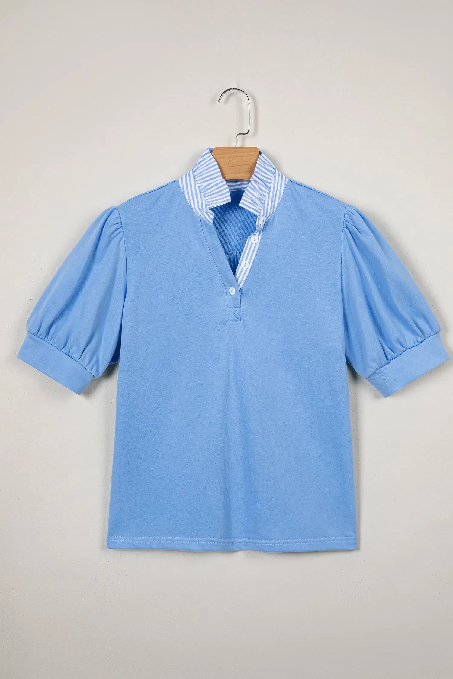 Striped frilled collar puff sleeve button front cotton blouse blouses