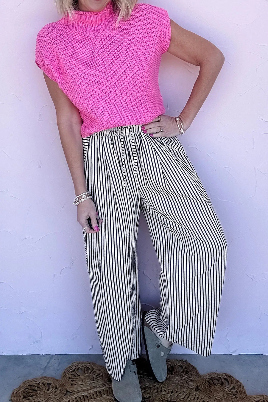 Black stripe wide leg trousers detail close-up | Fashionfitz UK