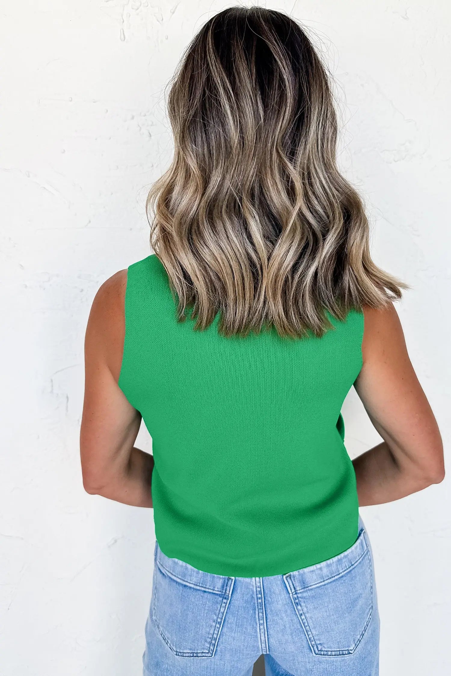 Bright green side button round neck knit sleeveless sweater