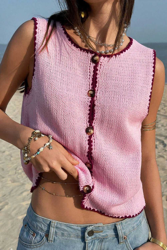 Pink Contrast Trim Knit Crop Top