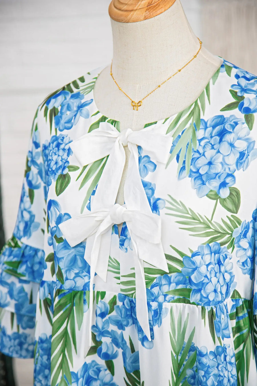Sky Blue Palm Floral Contrast Ribbon Knot Ruffle Mini Dress Women UK