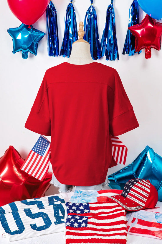Red USA slogan embroidery tee — back view, relaxed shift fit | Fashionfitz UK