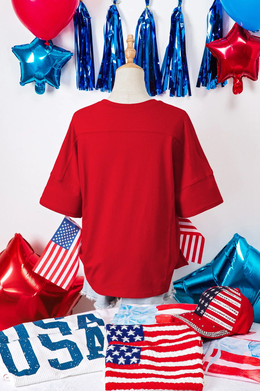 Red USA slogan embroidery tee — back view, relaxed shift fit | Fashionfitz UK
