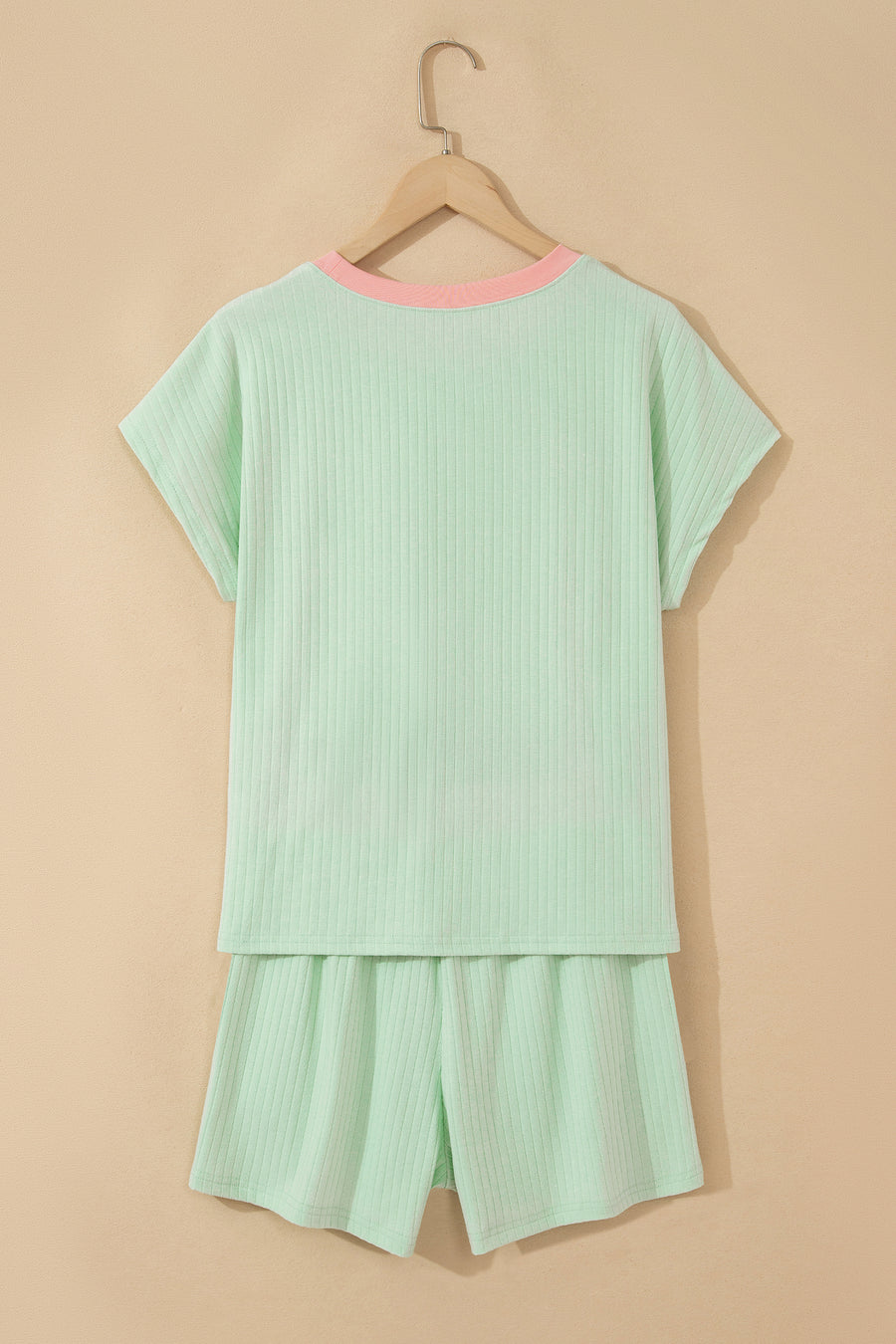Yellow Cream Soft Ribbed Color Block Trim Casual Short Set