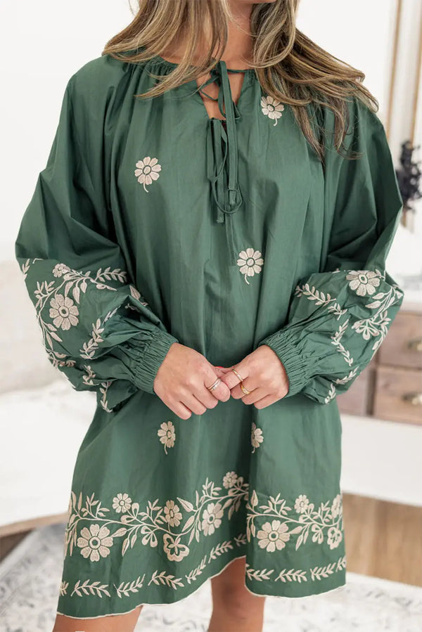 Mist Green Tie Neck Puff Sleeve Boho Floral Shift Dress Women UK